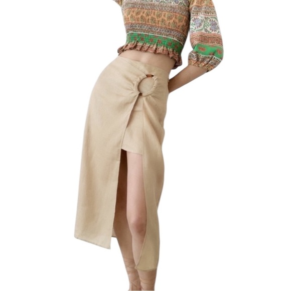 Zara 100% Linen Layered Mini Midi Skirt Tan Size S - Picture 1 of 14